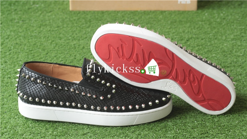 Christian Louboutin Low Spikes Python Leather Pik Boat Flat Black Casual Shoes White Rivets